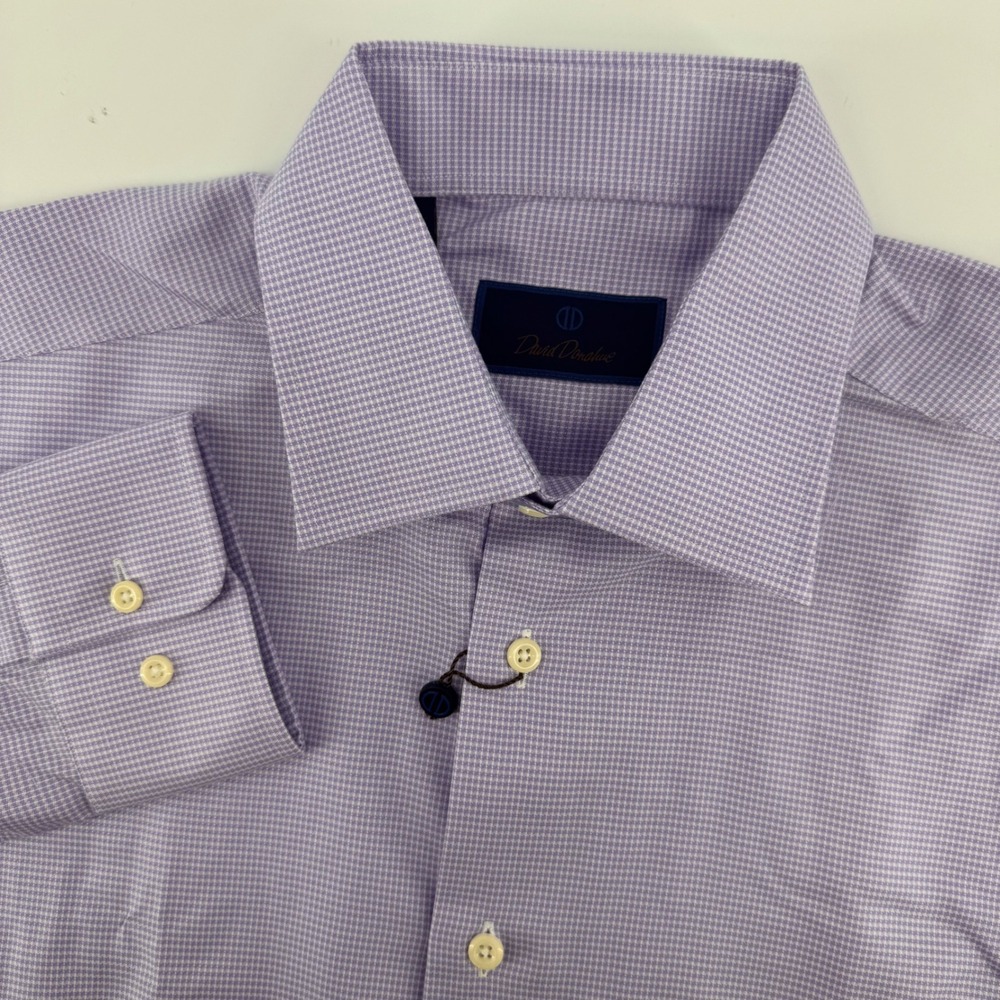 David Donahue Dress Shirt Mens‎ 16 34/35 Purple Houndstooth Spread Collar Cotton